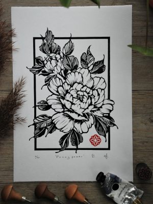 PEONY POWER - handtryckt linoleumsnitt